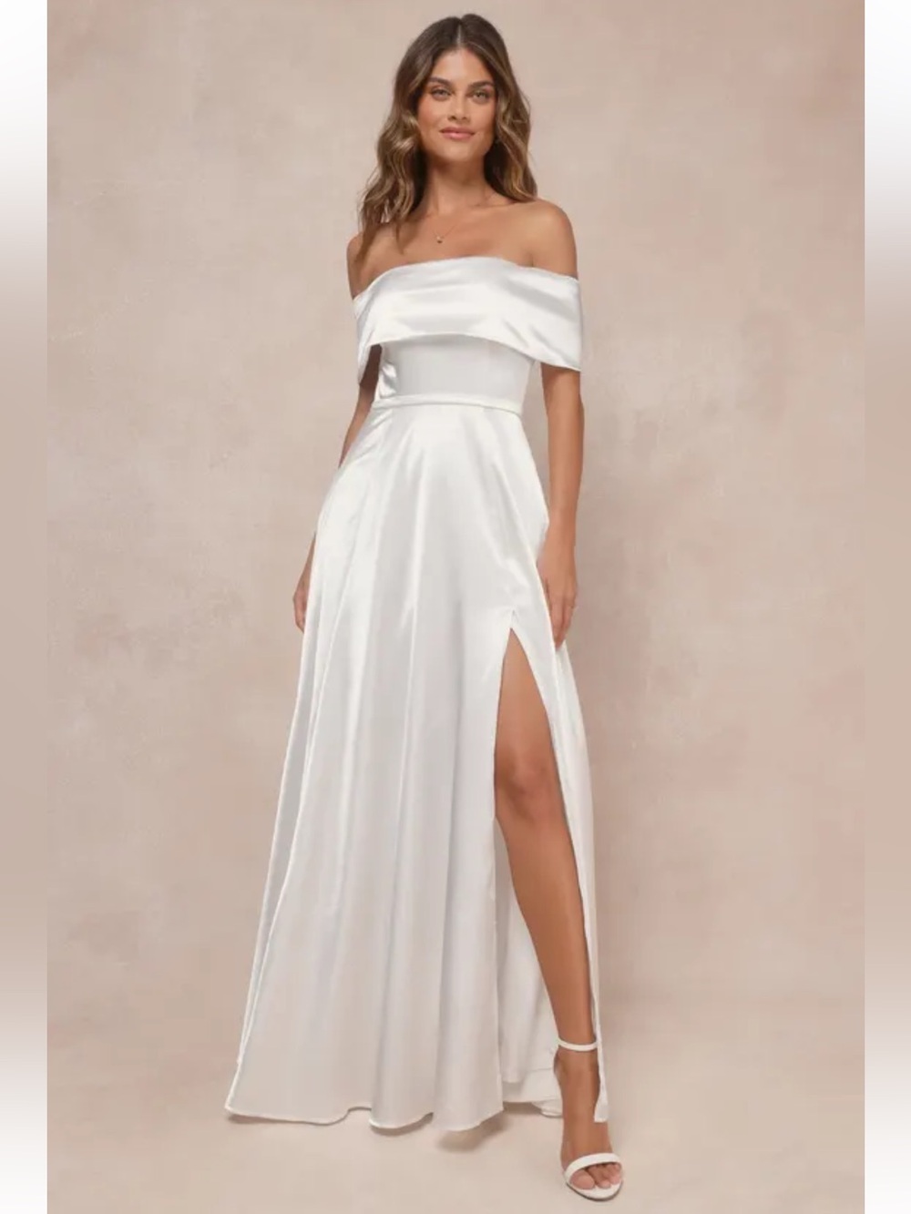 NWT Lulus Greatest Hits White Satin Off-the-Shoulder Maxi Dress